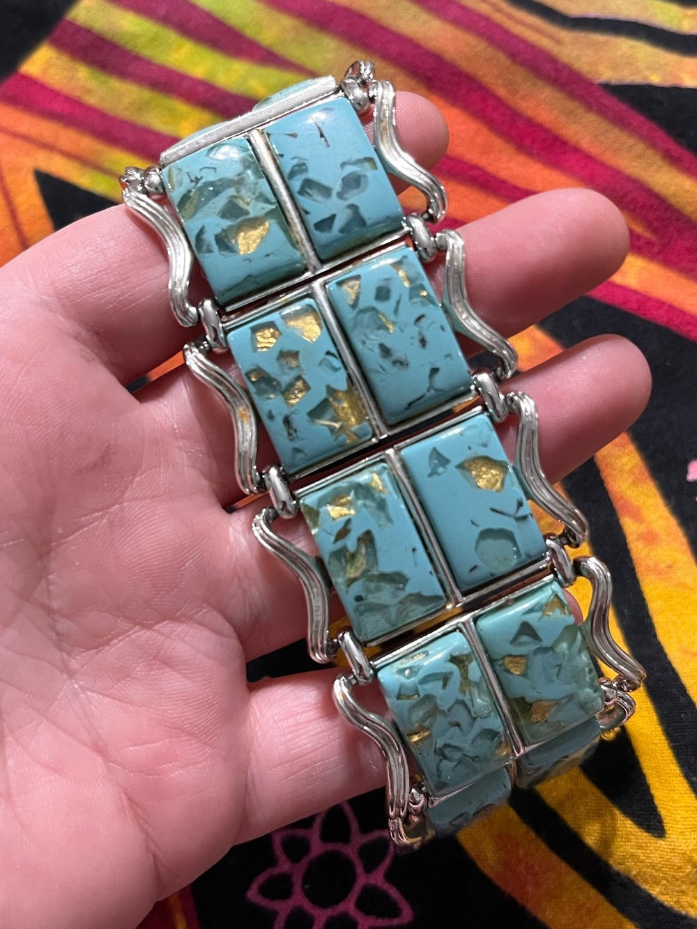 Vintage Coro Signed Turquoise Blue Lucite Silver Tone Costume Panel Bracelet